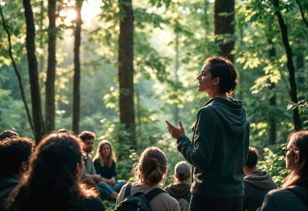 Eine Frau spricht vor einer Gruppe im Wald und vermittelt Achtsamkeit durch Kooperation und gemeinschaftliches Lernen.